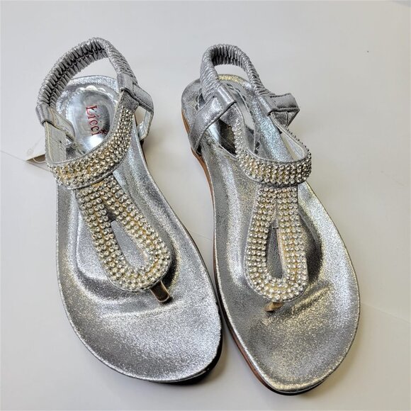 SILVER Sandals Size 7 Rhinestones Adjustable Strap Toe Post Beach Womens Sandals - Picture 1 of 13